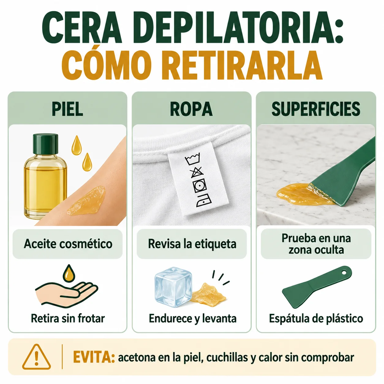 Infografía sobre cómo retirar cera depilatoria de la piel, la ropa y las superficies
