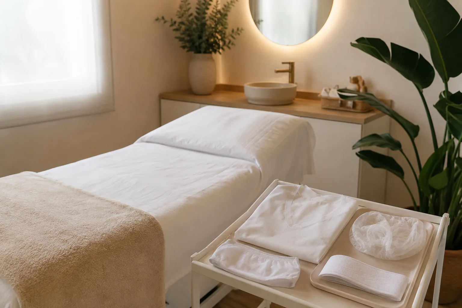 Cabina de estética preparada con ropa desechable para el tratamiento