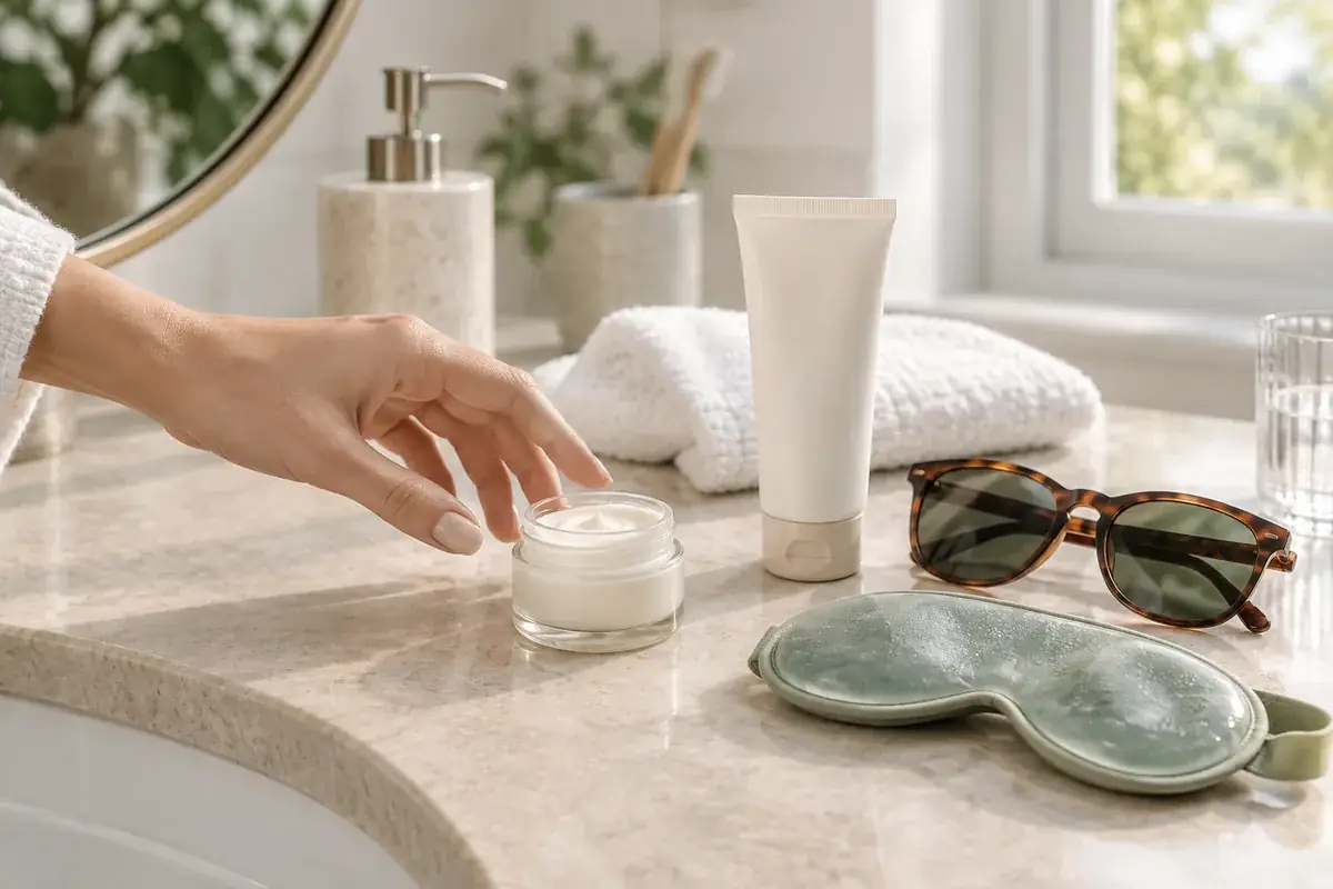 Rutina de mañana para cuidar el contorno de ojos con crema y protector solar