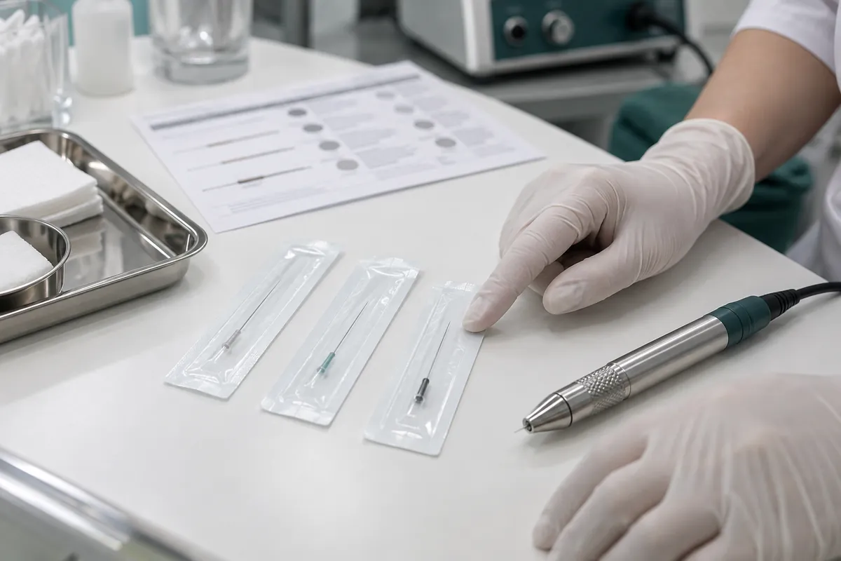 Profesional comparando agujas para depilación eléctrica esterilizadas