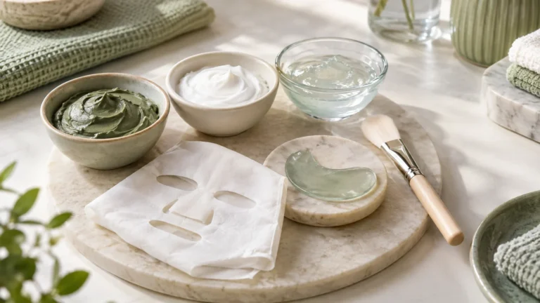 Tipos de mascarillas faciales de arcilla, crema, gel y tela