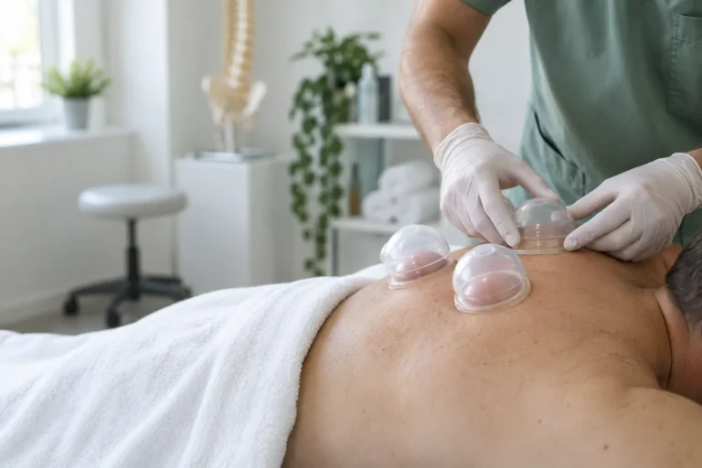 Sesión profesional de ventosaterapia seca en una consulta de fisioterapia