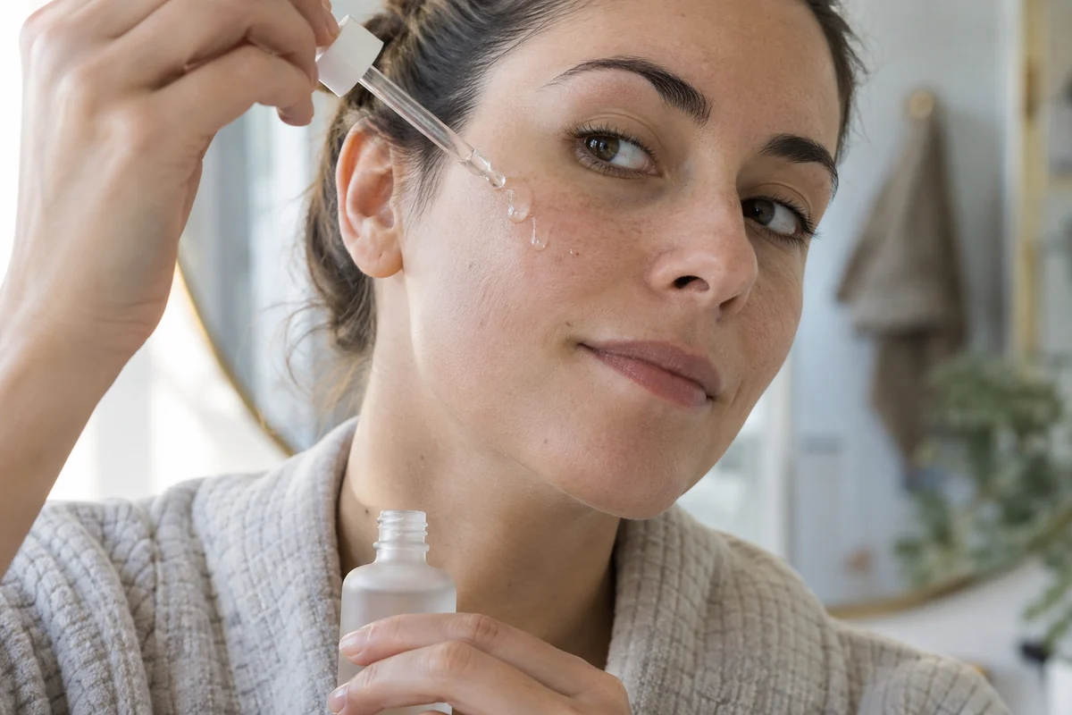 Aplicación de sérum de vitamina C en la cara con cuentagotas