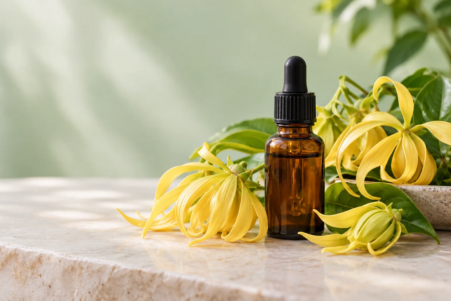 Flores amarillas de ylang ylang junto a un frasco de aceite esencial