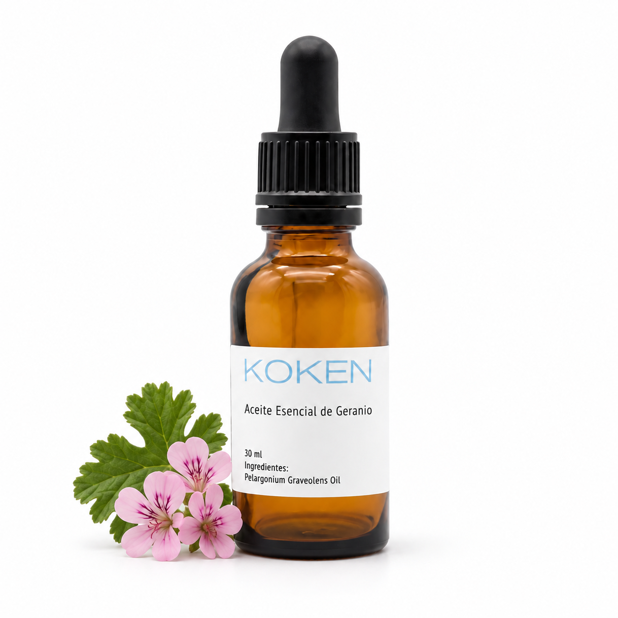 Frasco de aceite esencial de geranio Koken de 30 ml sobre fondo blanco con elemento botánico