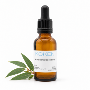 Frasco de aceite de eucalipto Koken de 30 ml sobre fondo blanco con elemento botánico