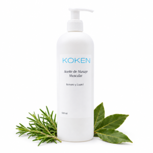 Aceite de masaje muscular 500 ml | Romero + Laurel Koken con dosificador sobre fondo blanco