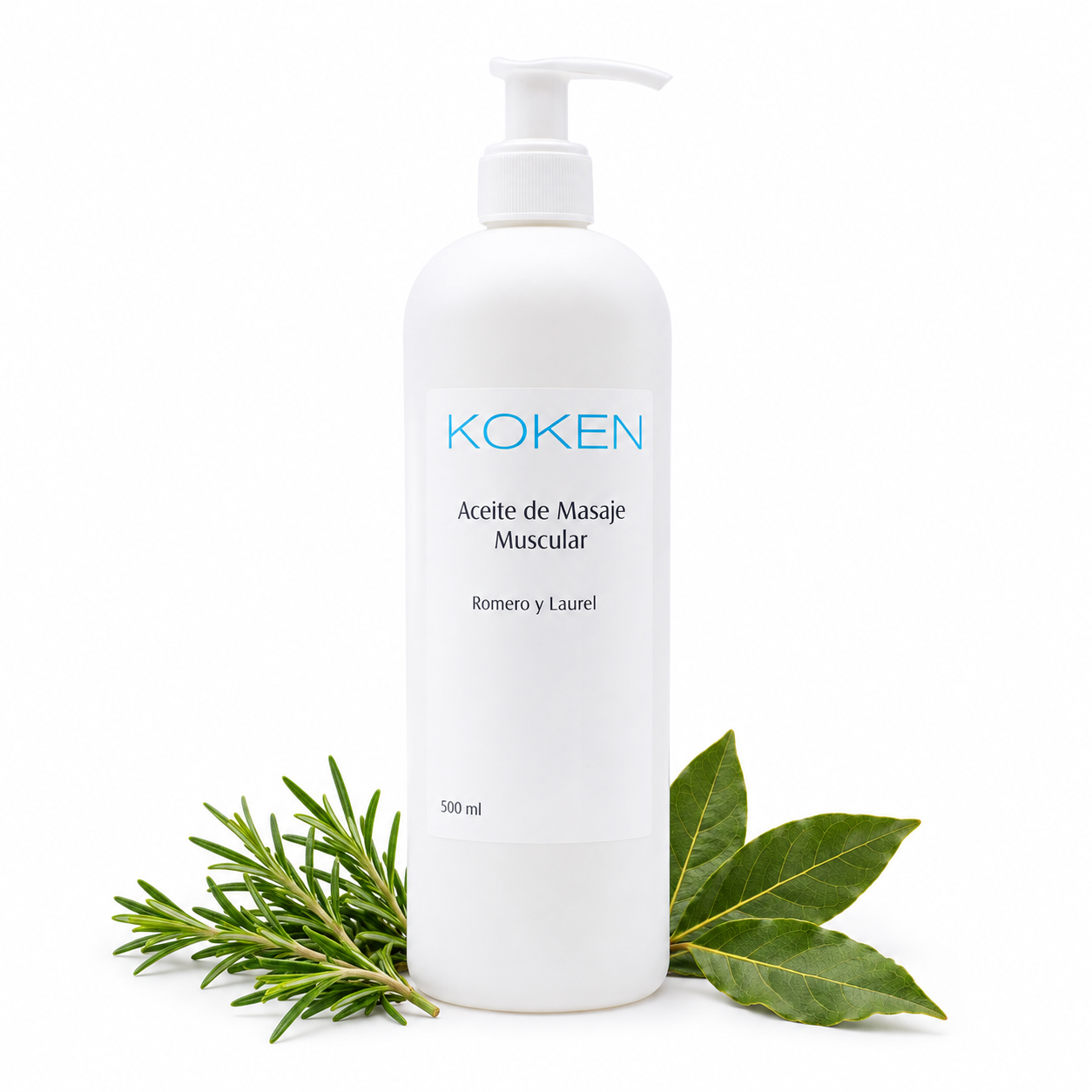 Aceite de masaje muscular 500 ml | Romero + Laurel Koken con dosificador sobre fondo blanco