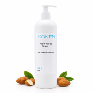 Aceite Masaje Neutro 500 ml | 50% Almendras Dulces Koken con dosificador sobre fondo blanco