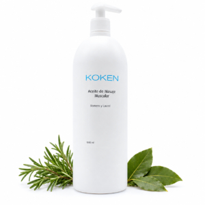 Aceite de masaje muscular 1000 ml | Romero + Laurel Koken con dosificador sobre fondo blanco