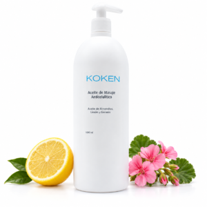 Aceite de masaje anticelulítico 1000 ml | Limón + Geranio Koken con dosificador sobre fondo blanco