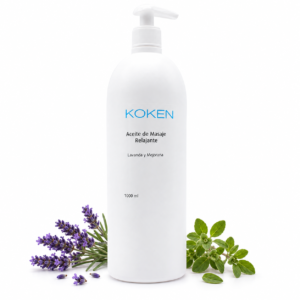 Aceite de masaje relajante 1000 ml | Mejorana + Lavanda Koken con dosificador sobre fondo blanco