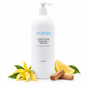 Aceite de masaje reafirmante 1000 ml | Ylang Ylang + Limón + Sándalo Koken con dosificador sobre fondo blanco