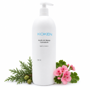 Aceite de masaje estimulante 1000 ml | Ciprés + Geranio Koken con dosificador sobre fondo blanco