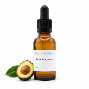 Frasco de aceite de aguacate Koken de 30 ml sobre fondo blanco con elemento botánico