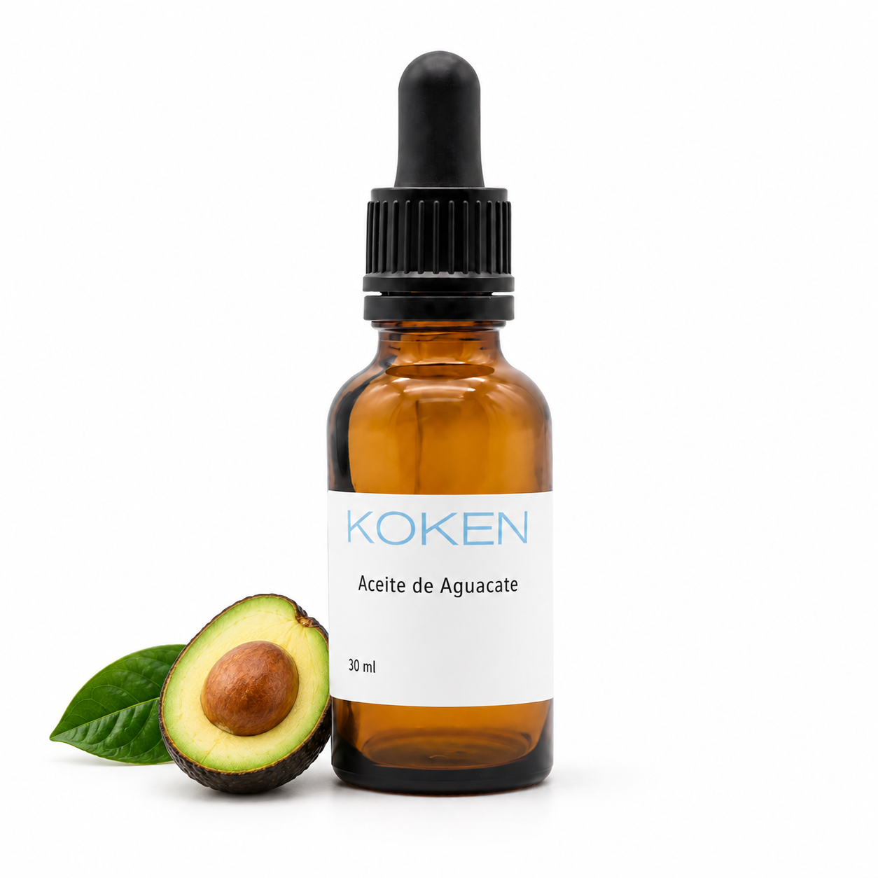 Frasco de aceite de aguacate Koken de 30 ml sobre fondo blanco con elemento botánico
