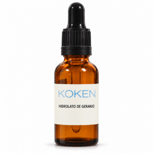 Hidrolato de geranio Koken de 30 ml en frasco ámbar con cuentagotas sobre fondo blanco