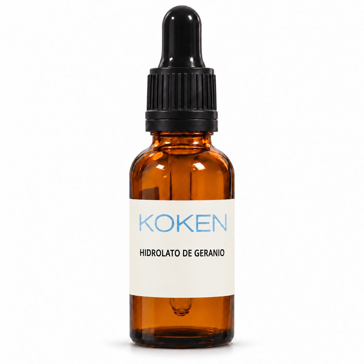 Hidrolato de geranio Koken de 30 ml en frasco ámbar con cuentagotas sobre fondo blanco
