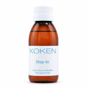 Frasco de loción Stop-in Koken de 125 ml, con tapón blanco y etiqueta azul